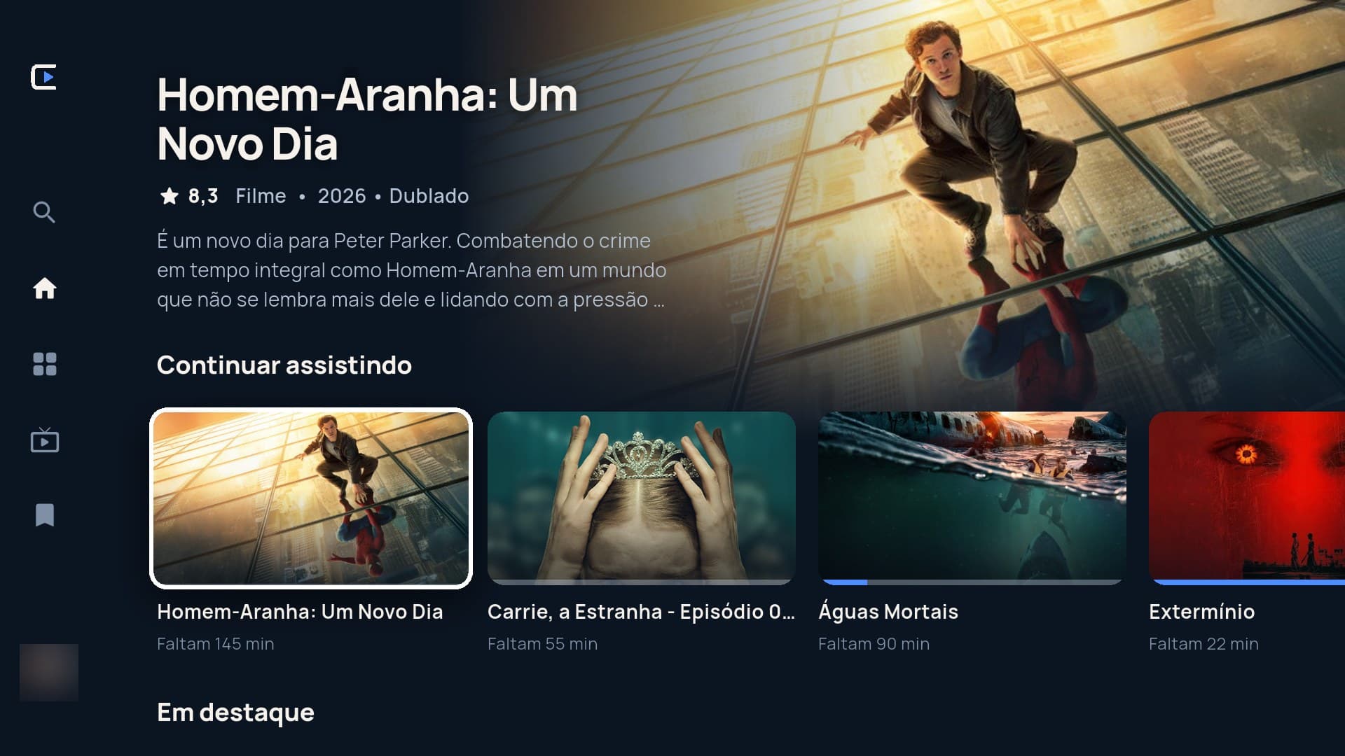 Tela inicial do CineSala na Android TV com fileiras de pôsteres